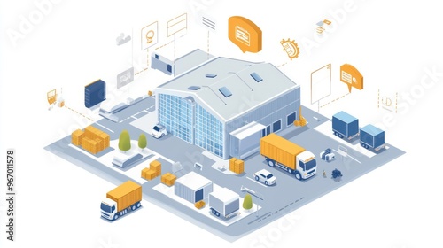 Isometric Illustration of a Warehouse with Trucks and Cars