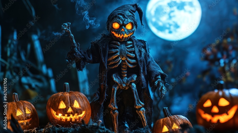 A spooky skeleton figure stands among carved pumpkins under a full moon. A spooky skeleton figure stands among carved pumpkins under a full moon.