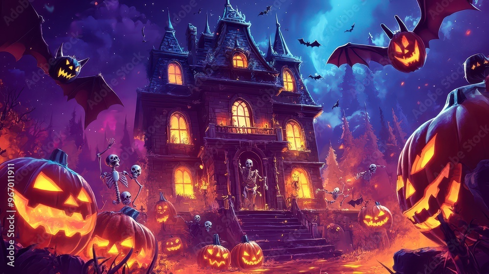 A spooky mansion with a skeleton welcomes visitors amidst glowing jack-o'-lanterns and flying bats on a Halloween night A spooky mansion with a skeleton welcomes visitors amidst glowing jack-o'-lanterns and flying bats on a Halloween night