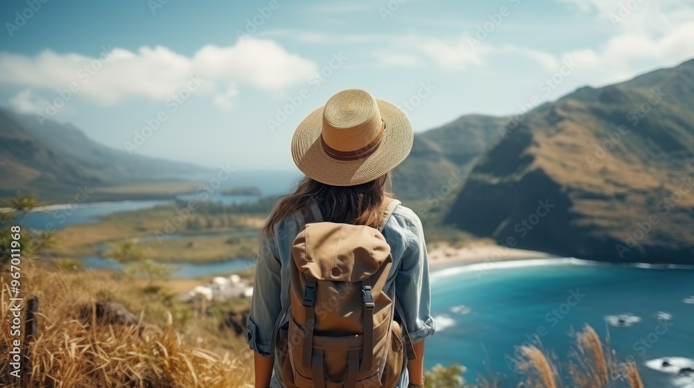 A female hiker with a backpack and a straw hat, standing on a hilltop overlooking a scenic view of a tropical island with mountains, water, and a clear blue sky A female hiker with a backpack and a straw hat, standing on a hilltop overlooking a scenic view of a tropical island with mountains, water, and a clear blue sky