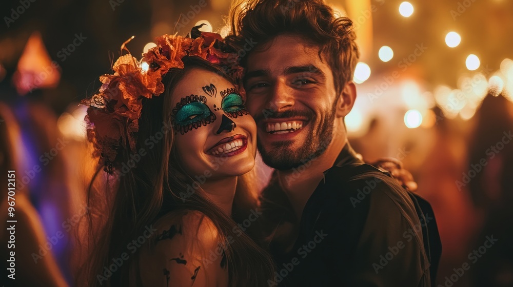 A joyful couple celebrating a festive occasion with colorful makeup and decorations. A joyful couple celebrating a festive occasion with colorful makeup and decorations.