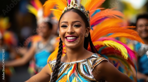 Ethnic woman with colorful festival feathered headdress dancing in a street parade, the spirit of a lively cultural festival.