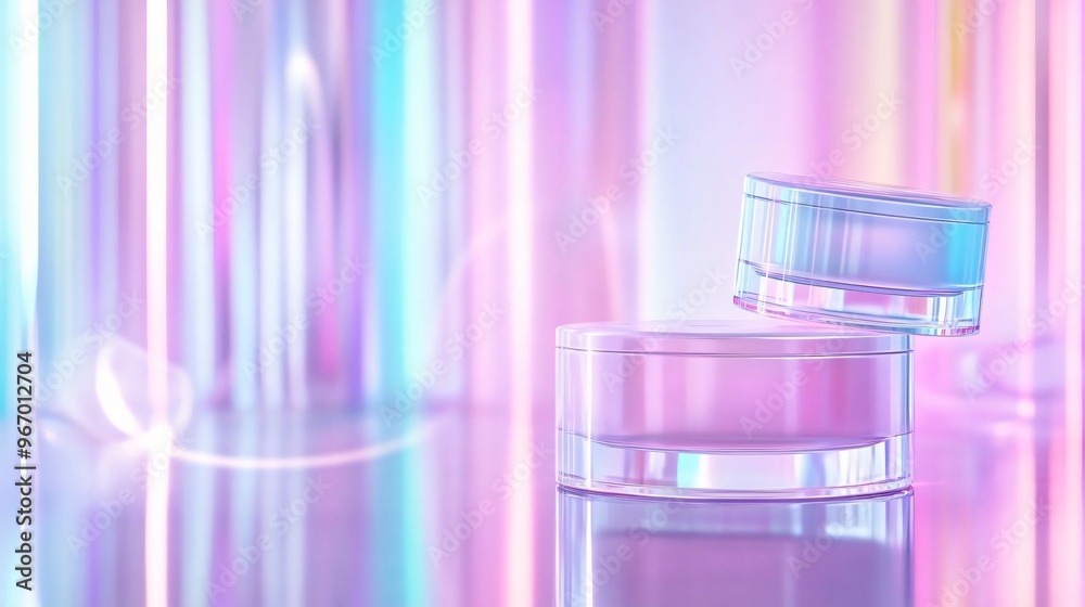 Elegant cosmetic jars with pastel colors and reflective surfaces, perfect for beauty and skincare branding. Elegant cosmetic jars with pastel colors and reflective surfaces, perfect for beauty and skincare branding.