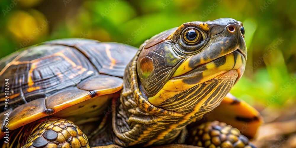 Obraz premium A tiny king, the Reeves' turtle reigns over a tapestry of natural hues, its shell vibrant against the