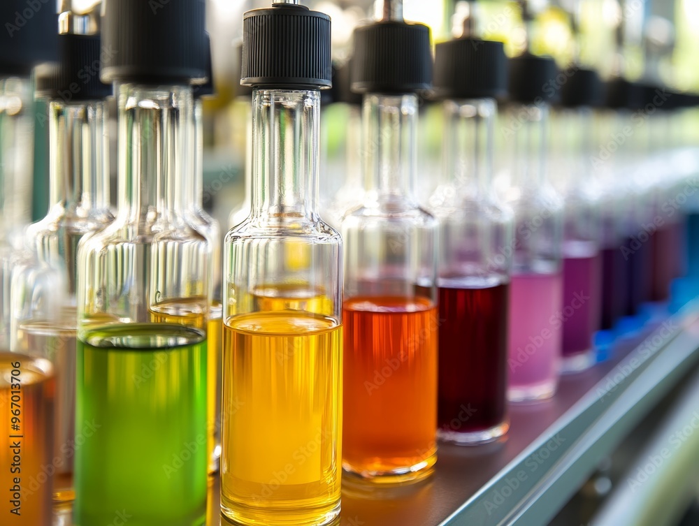 A Row of Glass Bottles Filled with Various Colored Liquids in a Food Science Laboratory, Representing Research and Innovation in the Science of Food Color A Row of Glass Bottles Filled with Various Colored Liquids in a Food Science Laboratory, Representing Research and Innovation in the Science of Food Color
