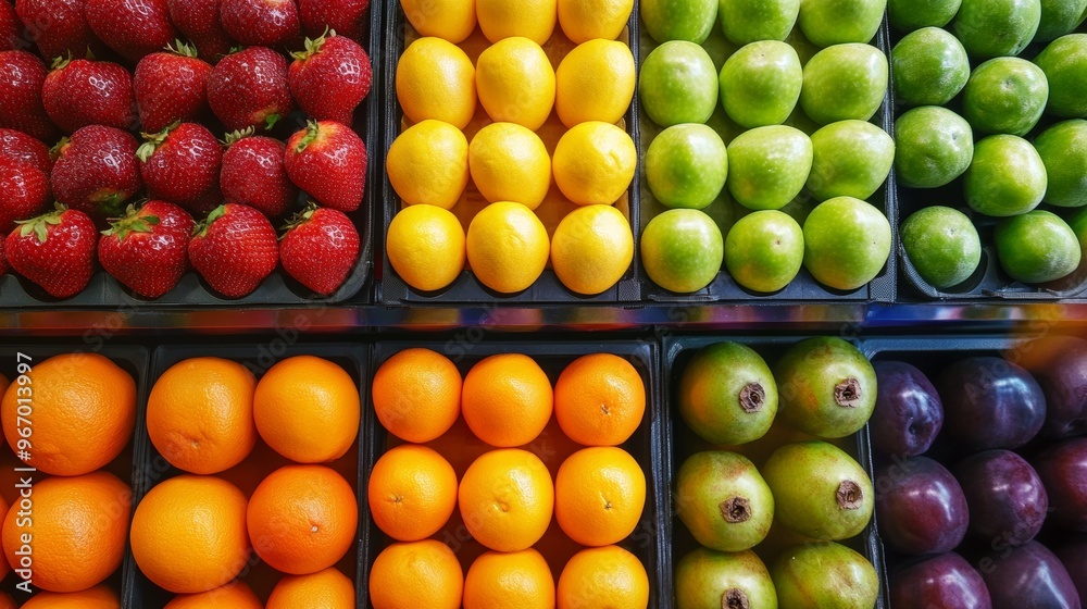 A Vibrant Display of Fresh Produce A Multicolored Arrangement of Strawberries, Oranges, Apples, and Plums, Capturing the Essence of Freshness and Abundant Choices in a Grocery Store. A Vibrant Display of Fresh Produce A Multicolored Arrangement of Strawberries, Oranges, Apples, and Plums, Capturing the Essence of Freshness and Abundant Choices in a Grocery Store.