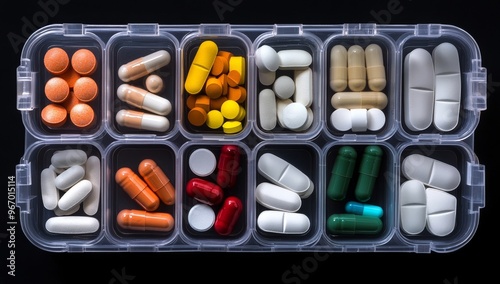 A plastic box filled with various pills and capsules of different colors