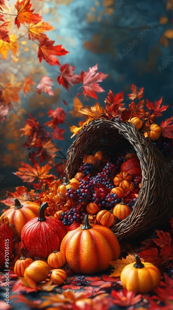 A cornucopia overflowing with pumpkins, berries, and autumn leaves amid a warm, colorful fall setting with vibrant foliage and seasonal atmosphere. A cornucopia overflowing with pumpkins, berries, and autumn leaves amid a warm, colorful fall setting with vibrant foliage and seasonal atmosphere.