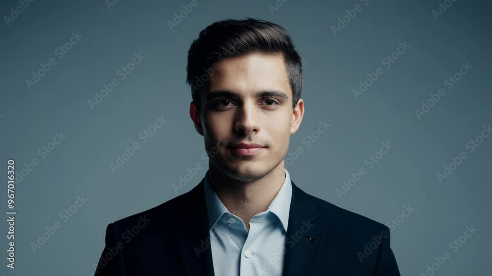 A close-up of a young man in a suit expressing confidence. Neutral grey background, studio key light.