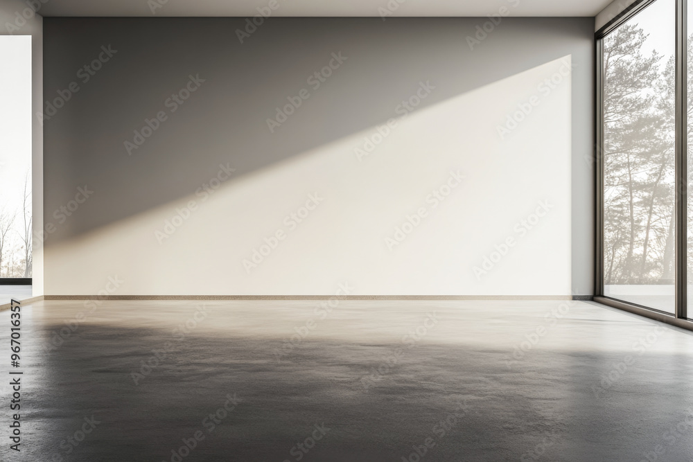 Modern minimalist room with large windows, natural day lighting in neutral colors. Contemporary interior with ample copyspace.