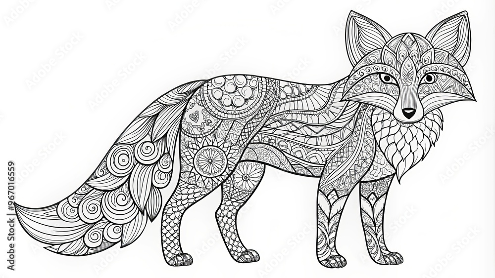 Fototapeta premium A whimsical fox with intricate lines and swirling patterns, featuring a bushy tail and delicate legs, awaiting colorful
