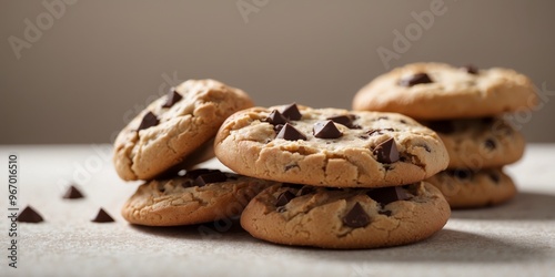 three chocolate chip cookies on a white surface.