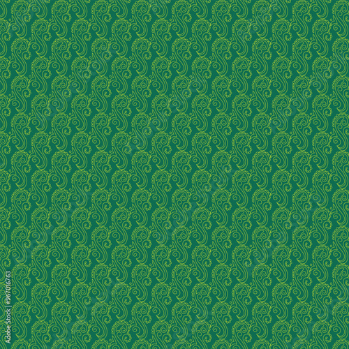 green background with a pattern of leaves and flowers