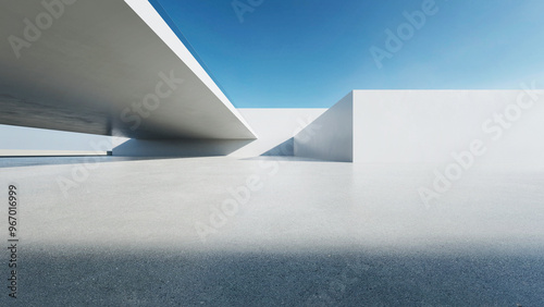 3d render of abstract modern architecture with empty concrete floor, minimal white exterior, car presentation background