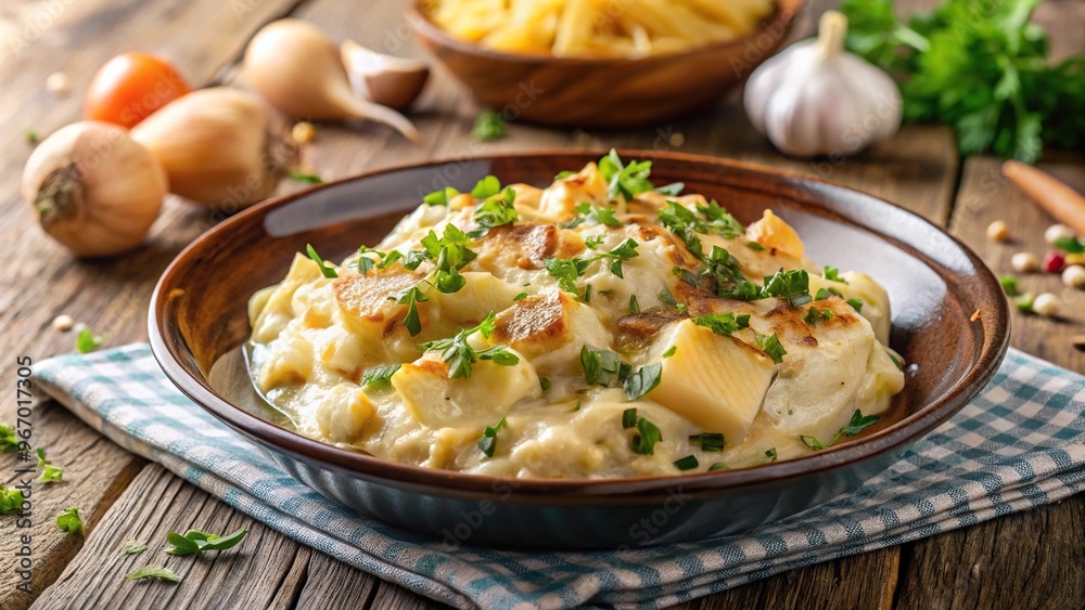 Traditional Portuguese dish of Bacalhau com Natas viewed from a low angle Traditional Portuguese dish of Bacalhau com Natas viewed from a low angle
