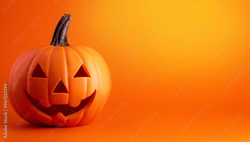 Jack O Lantern for Halloween on orange background, copy space on a side Jack O Lantern for Halloween on orange background, copy space on a side