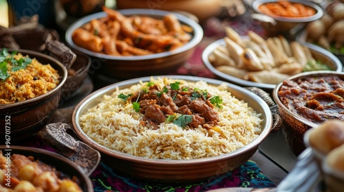 Authentic Ramadan Iftar dinner featuring a variety of Arabian foods.