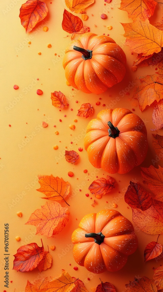 Three small pumpkins surrounded by autumn leaves on a warm yellow background. Perfect for fall and Halloween decoration themes.