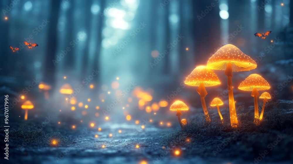 Obraz premium Illustration of a spooky forest path with glowing mushrooms, mysterious fog, and silhouettes of trees, capturing a sense of adventure and mystery for Halloween.