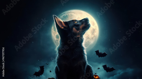 A spooky Halloween night features dog dressed as vampire, gazing at full moon surrounded by bats. atmosphere is eerie yet captivating, perfect for season