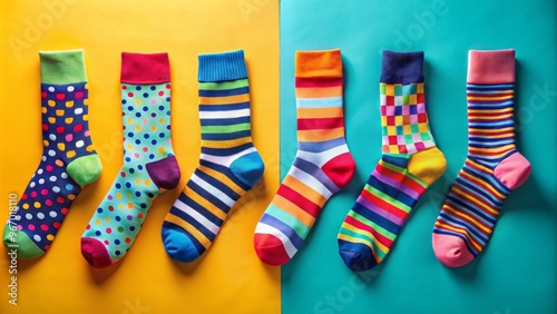 Brightly colored socks in bizarre combinations boldly declare their presence against a neutral backdrop, exuding a