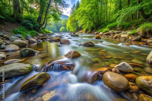 Tranquil babbling brook surrounded by smooth stones flowing water photo