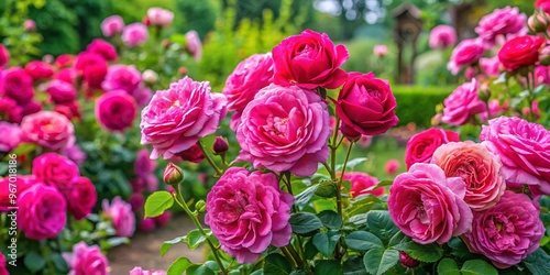 Bright pink roses fill the picturesque garden, radiating elegance and beauty as their stunning blooms burst forth in