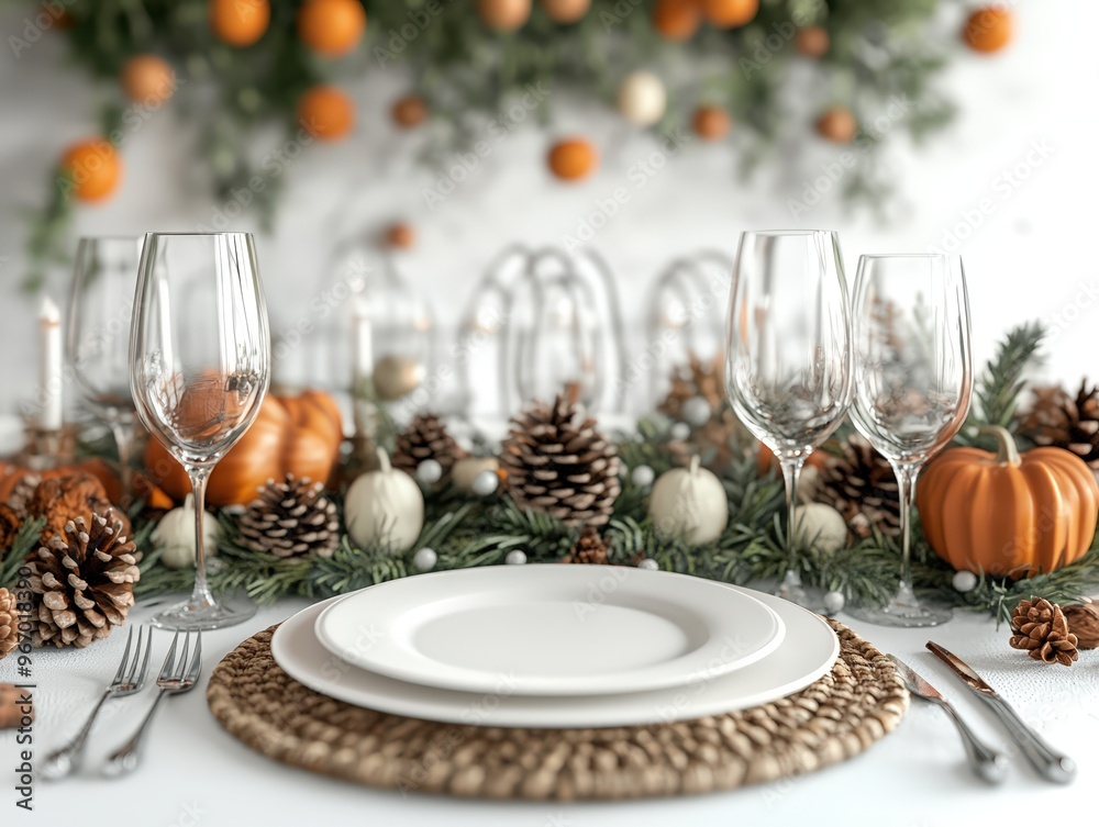 Elegant autumn table setting with pumpkins, pine cones, and decorative greenery, perfect for a holiday dinner or festive celebration Elegant autumn table setting with pumpkins, pine cones, and decorative greenery, perfect for a holiday dinner or festive celebration
