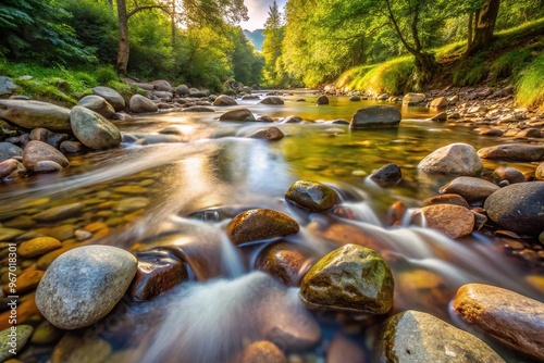 Tranquil babbling brook with smooth stones