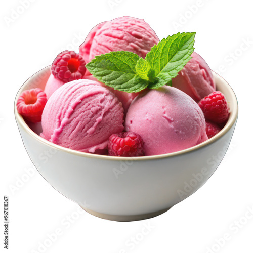 Pink ice Cream With Raspberries on white bowl isolated on transparent background