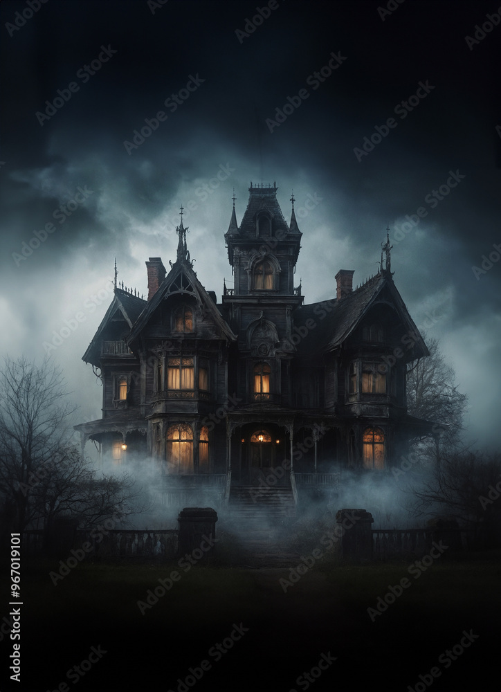 mysterious spooky Gothic villa at night with misty atmosphere mysterious spooky Gothic villa at night with misty atmosphere