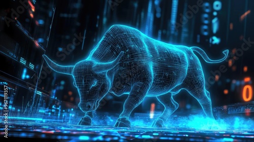 A digital bull stands amidst a futuristic landscape of data, illuminated by glowing numbers and geometric patterns. photo