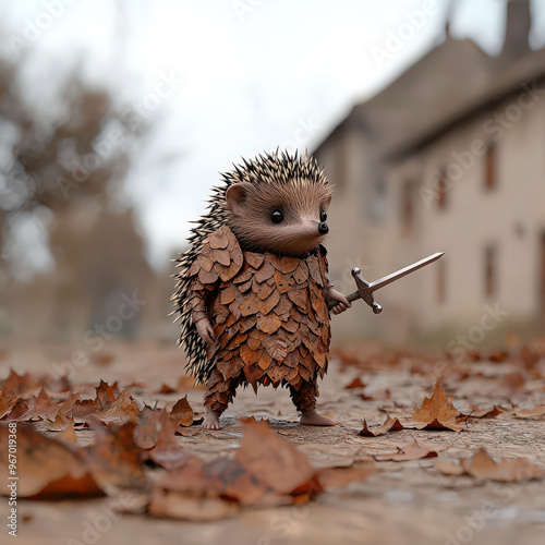 A hedgehog in knights armor made of leaves stands confidently on path covered with autumn leaves, holding small sword. scene evokes whimsical and adventurous spirit photo