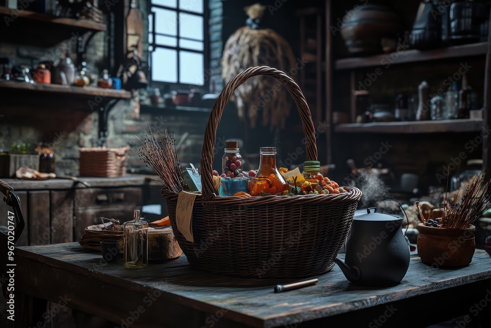 Fototapeta premium A basket full of candy is on a table with other items