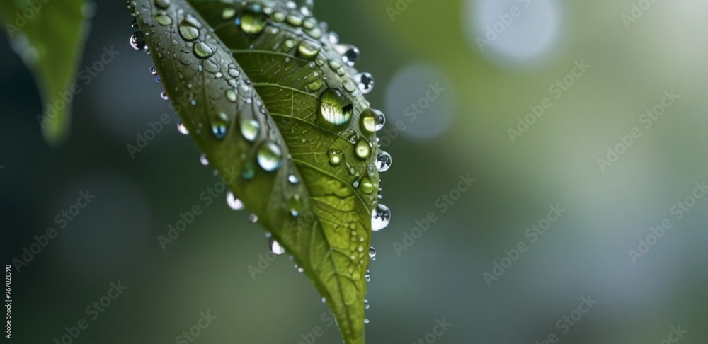 A blurred image featuring a single green leaf with dew drops, set against a soothing pale blue-green background. AI generated. A blurred image featuring a single green leaf with dew drops, set against a soothing pale blue-green background. AI generated.