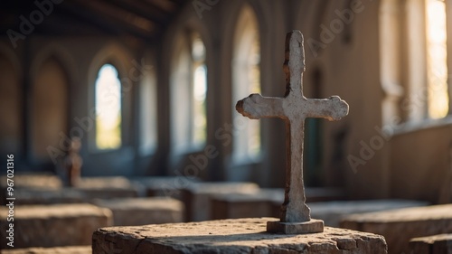 Weathered Cross Stands Tall in Abandoned Medieval Church Interior. photo