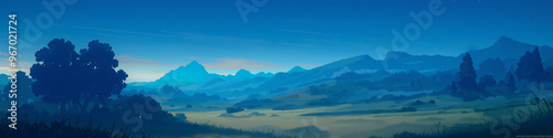 Mountain landscape. Styled like an anime or game background. Blue sky, sunset, sunrise, night, fog, snow, rain, cloudiness, autumn leaves, etc.