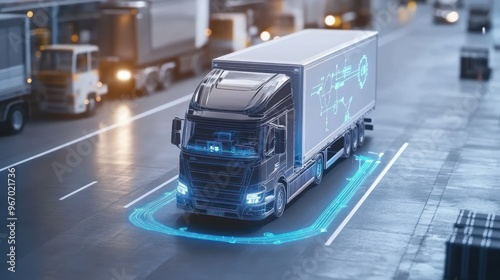 Semi-truck with glowing digital lines on asphalt