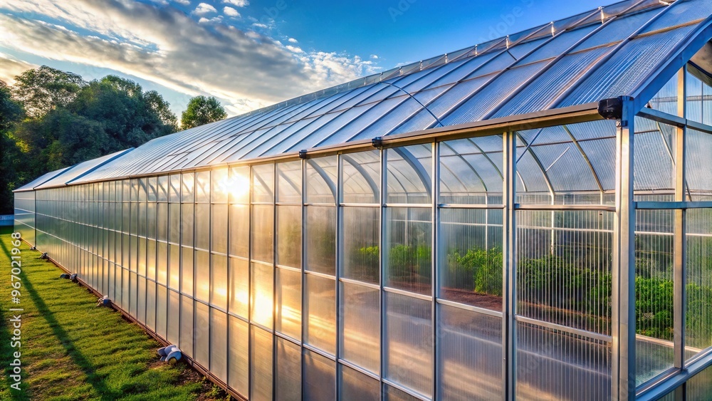 Translucent polycarbonate sheets on greenhouse in summer Translucent polycarbonate sheets on greenhouse in summer