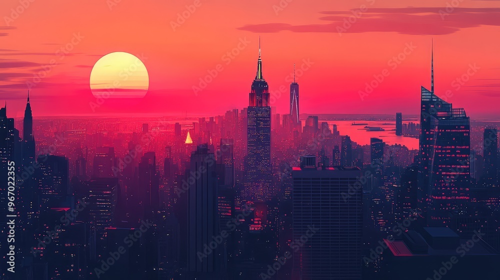 Fototapeta premium 80s-inspired retro art of New York at sundown, dark-colored skyscrapers silhouetted against a deep orange and pink sky, capturing the nostalgic city vibe