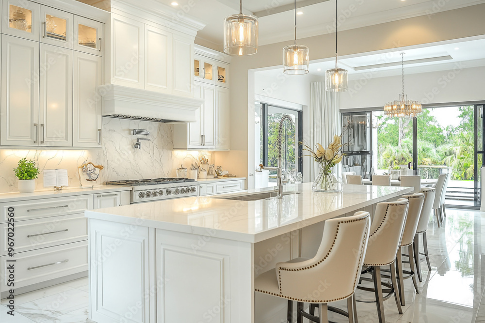 Luxurious white kitchen with large island, modern light fixtures. Luxurious white kitchen with large island, modern light fixtures.