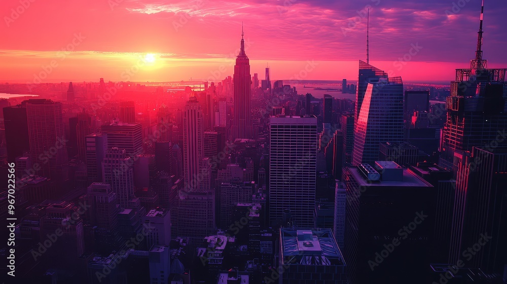 Fototapeta premium A dramatic 80s city sunset between New York buildings, dark shadows creeping along the streets as the last rays of the sun light up the skyline