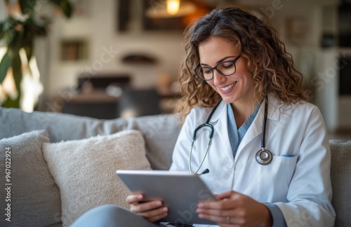 Female doctor smiling on a couch, wearing glasses, white coat, and using a tablet