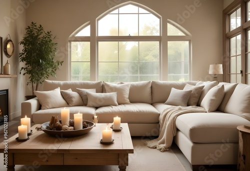 A cozy and inviting living room with a comfortable beige sofa, plush pillows, and a wooden coffee table with candles.