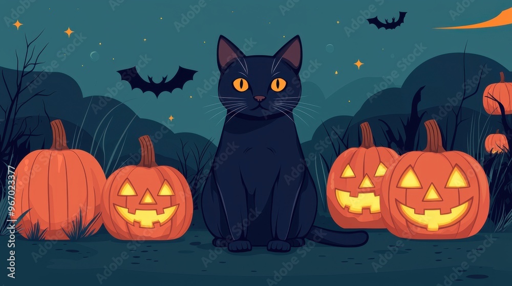 Black Cat and Jack o Lanterns on Halloween Night Black Cat and Jack o Lanterns on Halloween Night