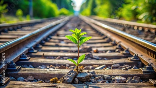 Tree seedling growing between sleepers of abandoned railway track, with forced perspective effect