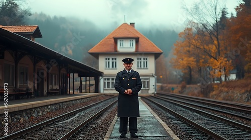 Station Master in Uniform Overseeing Countryside Train Station photo