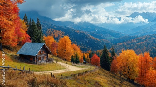 Wooden cabin nestled in a colorful autumn mountain landscape