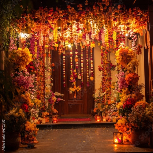 A doorway decorated with flowers and lights for a special occasion. photo