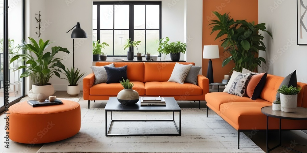 Fototapeta premium A modern living room with an orange sofa, black coffee table, and potted plant